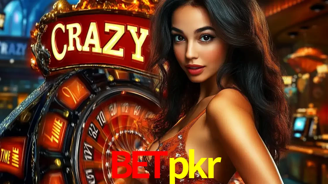 Mulher glamourosa olhando para a câmera com a roda vermelha do Crazy Time ao fundo em um ambiente de cassino, destacando a emoção dos jogos ao vivo no betpkr.