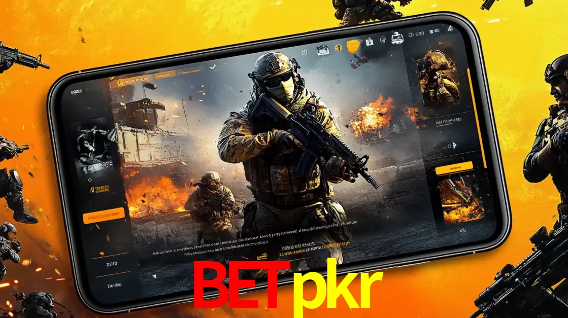 Um smartphone exibindo a interface de um jogo de tiro em primeira pessoa, com um soldado em um cenário de batalha, representando a ação dos e-sports para apostar no betpkr.