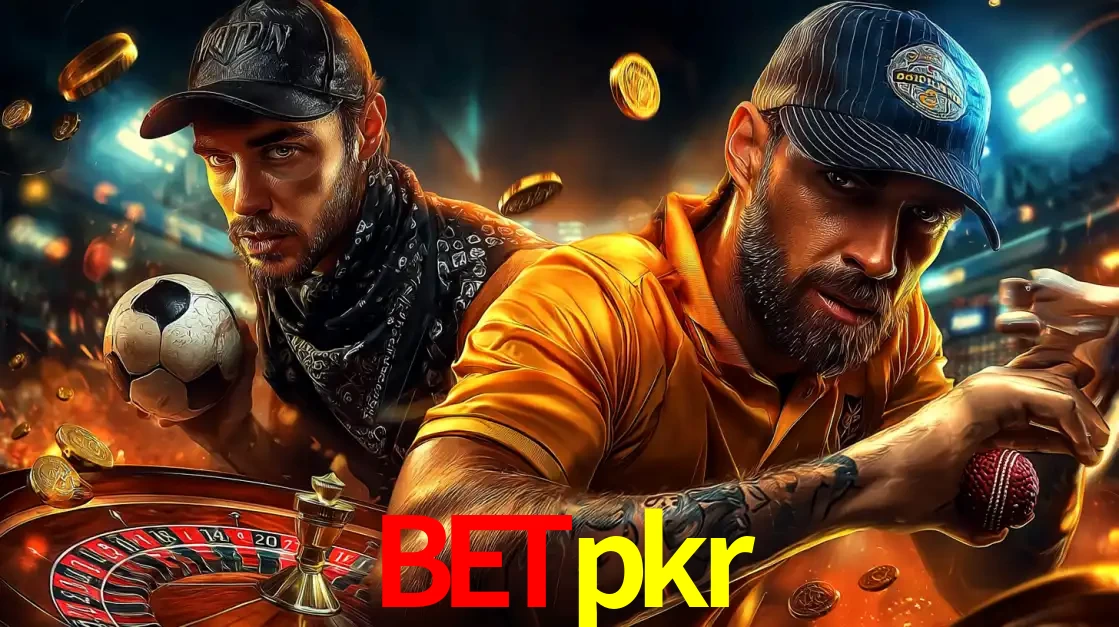 Montagem de apostas esportivas e cassino no betpkr, com um homem segurando uma bola de futebol e outro uma de beisebol sobre uma roleta e moedas voadoras.