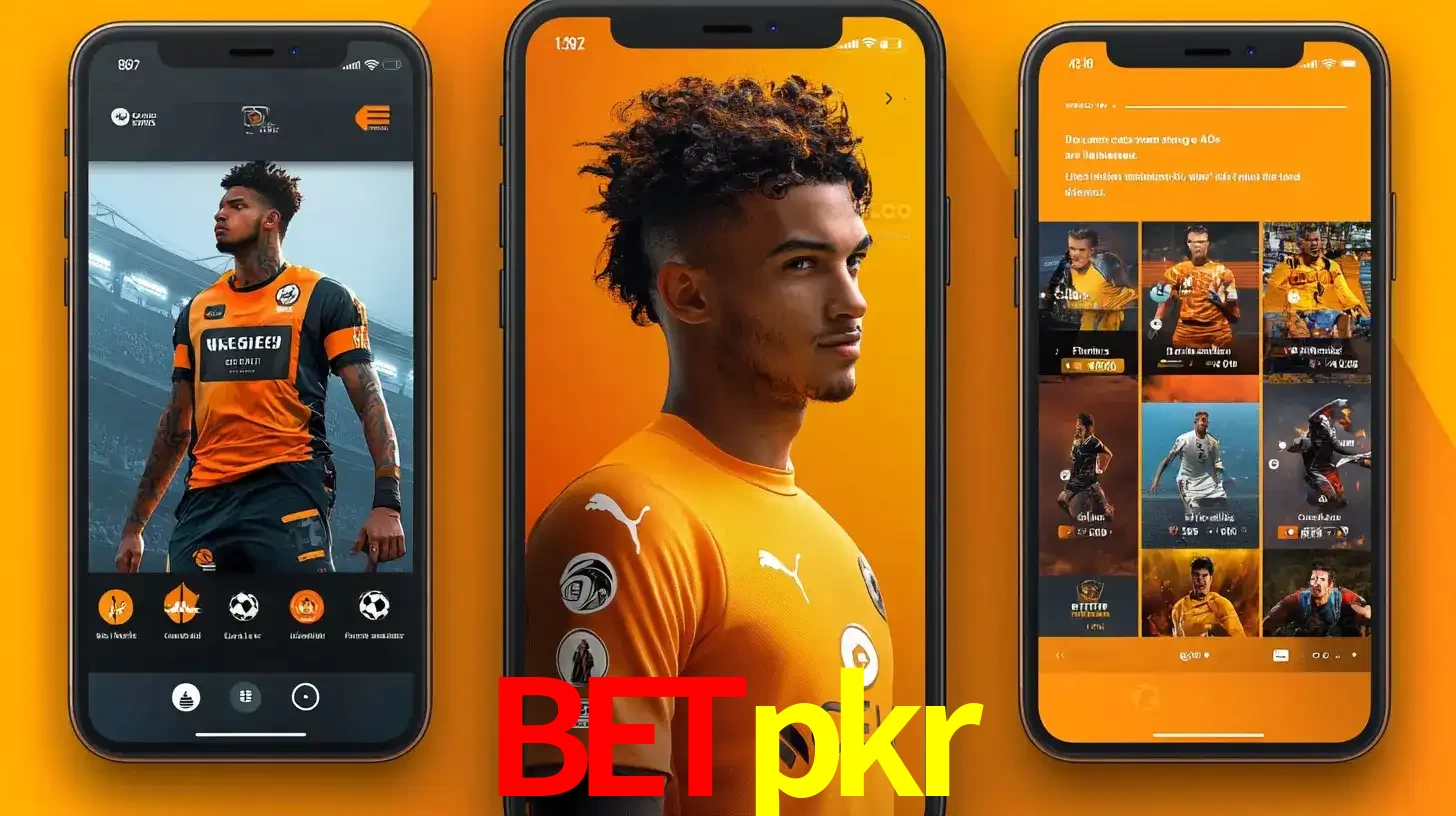 Interface do aplicativo de apostas esportivas betpkr em três telas de celular, mostrando o perfil de um jogador de futebol e a lista de jogos disponíveis para apostar.