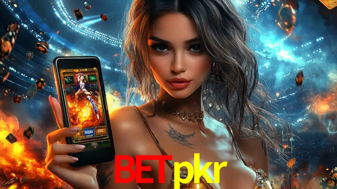 Mulher segurando um celular com um jogo de slot em destaque, tendo como fundo um estádio vibrante, simbolizando a emoção de jogar no cassino móvel betpkr.